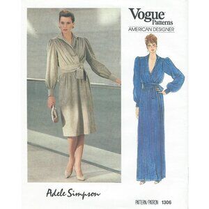 1980s Vogue 1306 Adele Simpson Size 14 B36 Wrap Dress Pattern Two Lengths CC